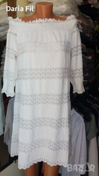 УНИКАЛНО КРАСИВА бяла дантилена рокля с ластично деколте, снимка 1