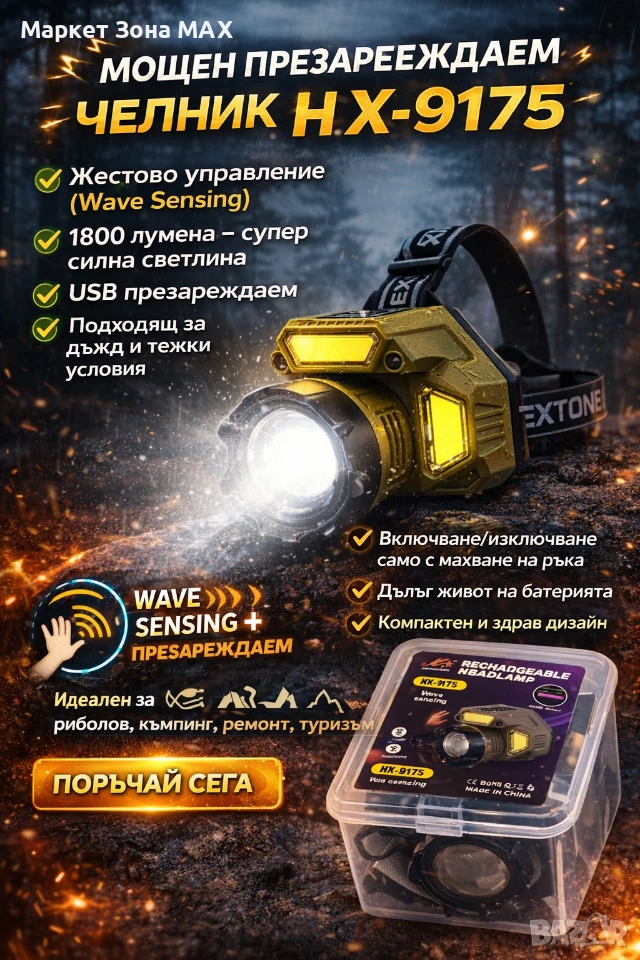 Акумулаторен LED челник HX-917S със сензор за движение, Type-C зареждане и батерия 18650, снимка 1