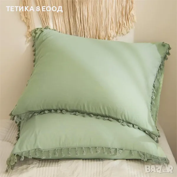 2бр. Бохемска калъфка за възглавница 40 x 80 см, зелено, пискюл, ресни, снимка 1