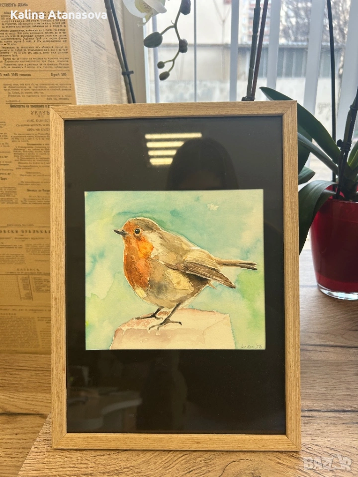 Ръчно рисувана акварелна картина – Червеношийка, снимка 1