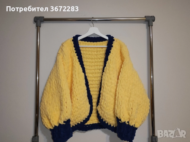 Ръчно плетена жилетка с дълъг ръкав и кант, снимка 2 - Жилетки - 52344552