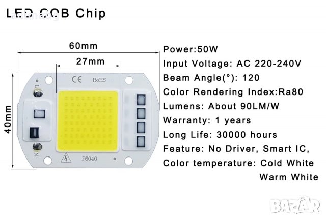 ANIMABG Студено бял COB светодиод 50W 220V, снимка 3 - Друга електроника - 35143917