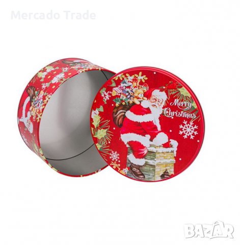 Коледна кутия Mercado Trade, За сладки, Метал, Кръгла, Дядо Коледа, Червен, снимка 2 - Кутии за храна - 38552855