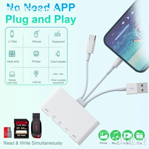 5-в-1 Мултифункционален Адаптер и Четец на Карти – Lightning + USB-C + USB 3.0 за iPhone, Android и , снимка 2 - Друга електроника - 53275605