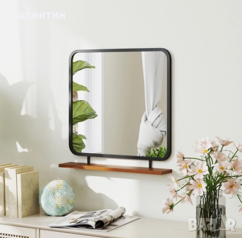 Стенно огледало с дървен рафт 55х55, снимка 5 - Огледала - 52503317