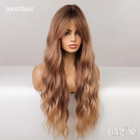 Медено руса чуплива перука с тъмни корени и дълъг бретон, снимка 1