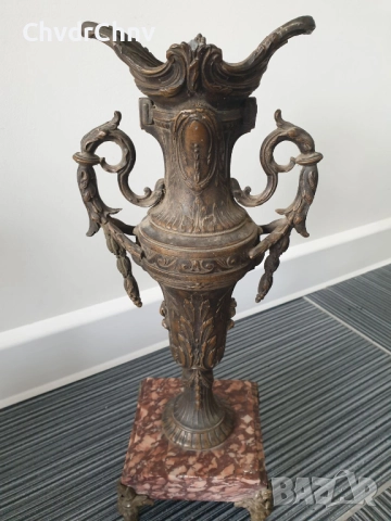 Франция 1800-те/37см-4кг/стара френска метална ваза ЦАМ-бронз-розов мрамор, снимка 2 - Антикварни и старинни предмети - 52840418