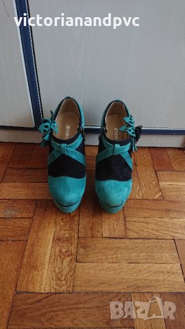 Тюркоазени велурени обувки на ток и платформа, снимка 2 - Дамски обувки на ток - 29693145