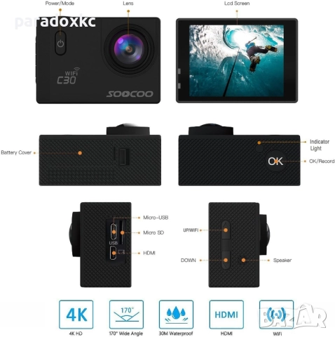 Екшън Камера SOOCOO C30R 4K WiFi, снимка 6 - Камери - 52369673