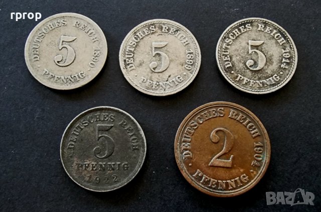 Монети. Германия.Много стари райх монети. 2 и 5 пфенига. 1890, 1899,1904, 1914,1922 година, снимка 2 - Нумизматика и бонистика - 37115297