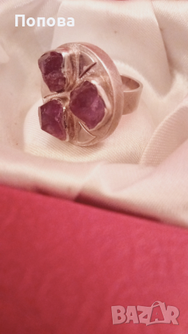 Огромен авторски сребърен масивен  пръстен с аметисти