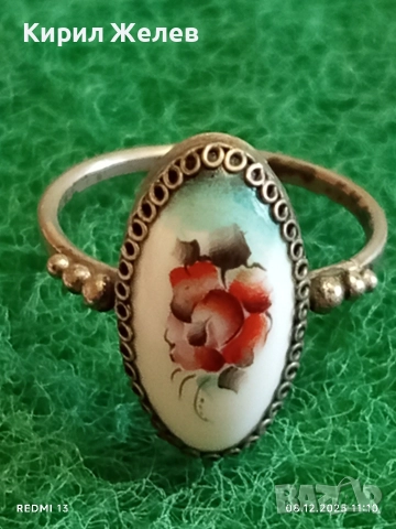 Винтидж сребърен пръстен с филигран и ръчно рисувана роза върху емайл 52426, снимка 2 - Пръстени - 52687113