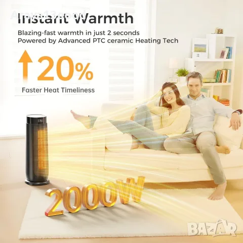 Електрически отоплител 2000W с PTC нагревател, ECO режим, дистанционно и 90° осцилация, снимка 3 - Отоплителни печки - 55831951