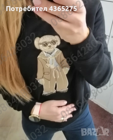 Нов модел дамски памучни блузи с мече в 3 цвята, снимка 5 - Блузи с дълъг ръкав и пуловери - 52327829