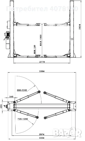 Подемник двуколонен 4t, с автоматично отключване и тристепенни рамена 220V, снимка 2 - Подемници - 47759328