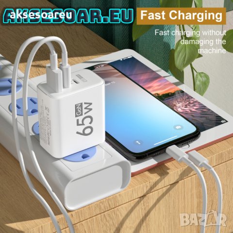 Бързо GaN USB Type C зарядно Quick Charge 3.0 65W PD за iPhone Huawei Xiaomi Samsung EU Plug захранв, снимка 2 - Безжични зарядни - 42342720