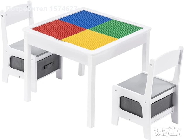 Детска маса с 2 столчета, двустранна, за рисуване или редене на LEGO