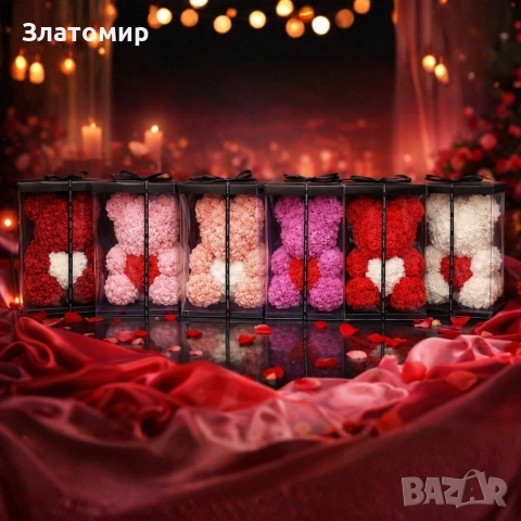 Мече от рози, 25см с подаръчна кутия в 3 цвята