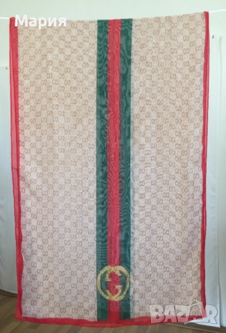 Нов Дамски Шал Gucci Прозрачен Лого Гучи Бежов Червен Зелен, снимка 3 - Шалове - 51826454