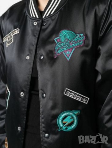 Adidas- M/L- Girls are awesome- Уникално ново дамско яке тип бомбър от черен сатен