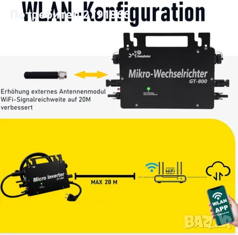 800 W микро соларен мрежов инвертор IP65, DC 22-48 V, MPPT чист синусоидален изход, WiFi контрол, снимка 5 - Друга електроника - 49111874