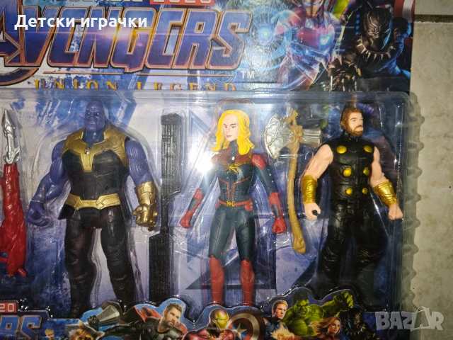 Комплект фигурки Отмъстителите 6 броя, Дърво, Тор, Танос, Железния Човек, с оръжия, снимка 3 - Фигурки - 50914039