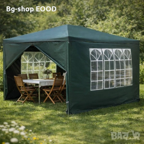 Шатра, За градина, Тераса, Метална рамка, 4 стени, С прозорци, Зелена, 4x3x2.6 м