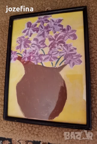 Малка картина "Лилави цветя"  в глинен съд акварел