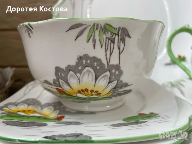 Красив комплект с водна лилия от фин костен порцелан от Англия, снимка 9 - Антикварни и старинни предмети - 50607706