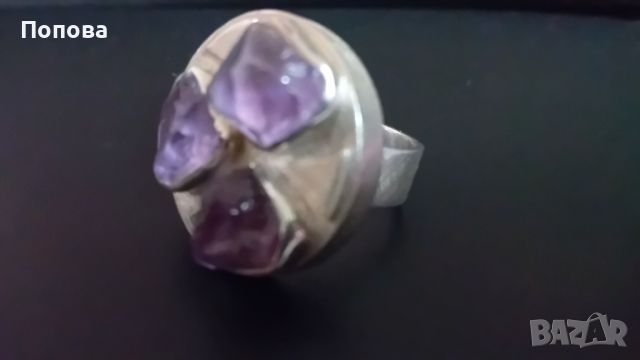 Огромен авторски сребърен масивен  пръстен с аметисти, снимка 8 - Пръстени - 44729908