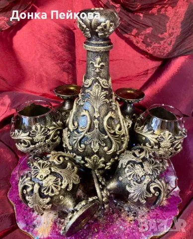 Ръчно изработен сервиз за коняк в старинно злато от 7 части, снимка 4 - Декорация за дома - 48657367