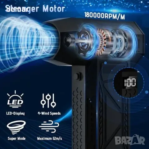 Акумулаторна компресирана въздушна четка (Air Duster) с LED дисплей и 9 приставки, снимка 2 - Други стоки за дома - 55850033