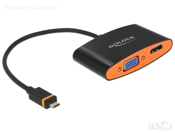 Адаптер Delock SlimPort / MyDP мъжки > HDMI / VGA женски + Micro USB женски, снимка 1