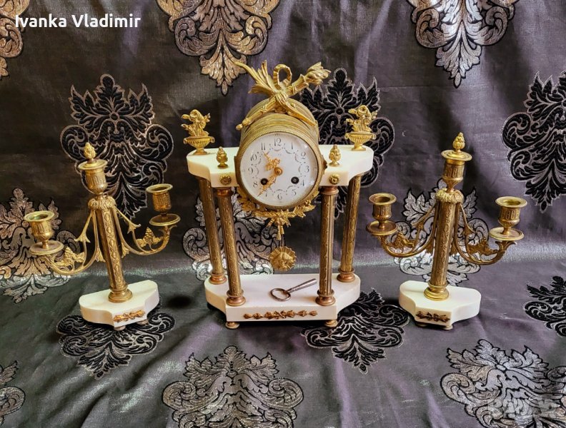 Френски каминен часовник и два свещника , снимка 1