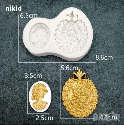 Ретро Брошки дама с капела и цветя овал силиконов молд форма фондан шоколад глина смола бижу брошка, снимка 1