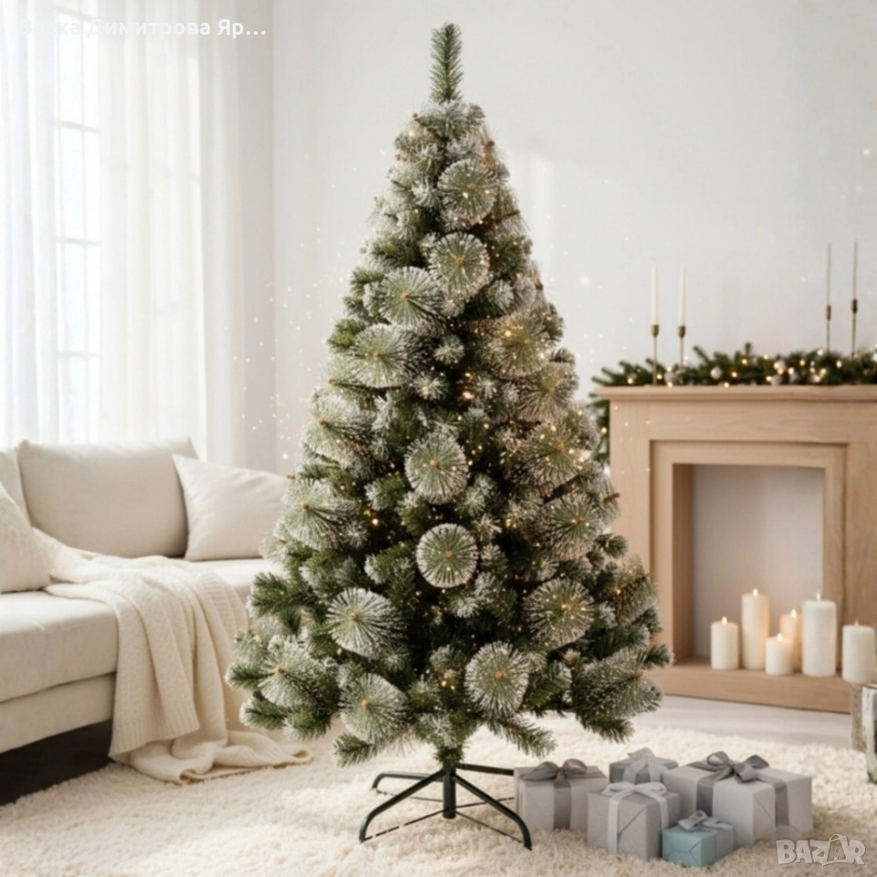 Елха - Изкуствена коледна елха с бели връхчета и шишарки 60 и 90см са с пластмасова стойка, снимка 1