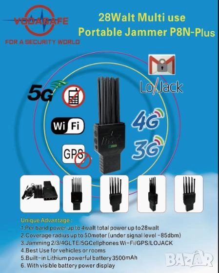 Мощен Преносим 5G Заглушител Смартфон GPS BT5 Lojack GSM 8хКанала 28W Висока Мощност Радиус 50 Метра, снимка 1
