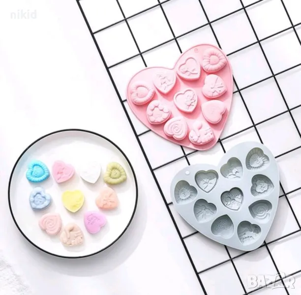 10 различни сърца сърце силиконов молд форма фондан шоколад бонбон бонбони гипс лед, снимка 1