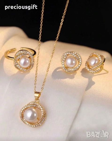 Комплект бижута от 3 части - колие, обеци и пръстен, снимка 1