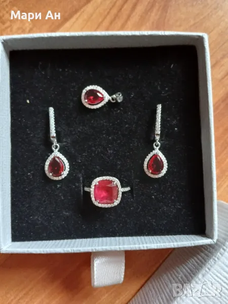 Сребърен комплект с червени циркончета , снимка 1