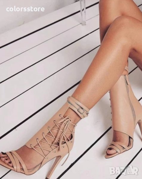 Летни боти на ток - бежова кожа - FM21, снимка 1