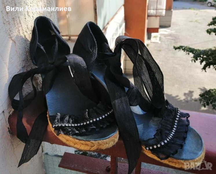 Испански сандали на платформа с ефектни камъни и тюл , снимка 1