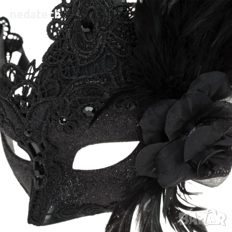 Дамска карнавална маска, черна, с дантела, брокат и пера, снимка 2 - Други - 52164666