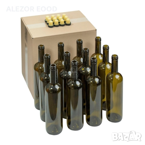 Стъклени бутилки 750 мл. тъмни за вино и ракия, Комплект 12 броя + кашон + тапи