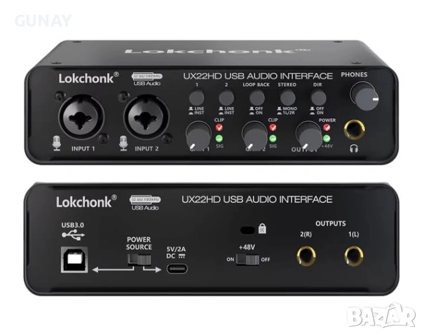 Lokchonk UX22 Аудио Интерфейс Звукова Карта 24-bit 48V Студиен Запис, снимка 4 - Други - 54231238