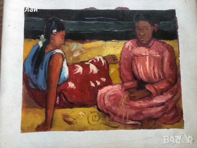 Картини – „Таитянски жени на плажа“ и авторски портрет на момиче, маслени бои, от Париж, нови, снимка 12 - Картини - 47476041