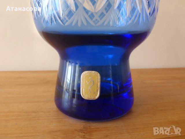 Синя кристална ваза дизайн Karin Grigat Германия 1970 г, снимка 4 - Вази - 42359302