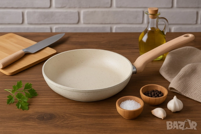 Тиган Voltz Nice, Кован алуминий, Мраморно покр., Индукция, Кремав меланж, снимка 4 - Съдове за готвене - 52138256