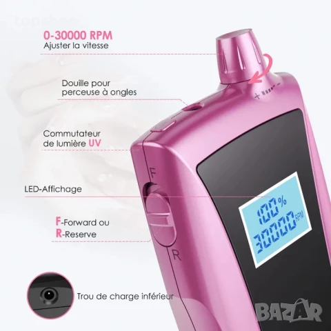 WEIYI акумулаторна професионална пила за маникюр и педикюр 30000RPM, 6 накрайника, снимка 5 - Маши за коса - 50501562