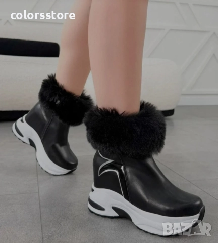 Боти на платформа - черна кожа с пух - BH2025 